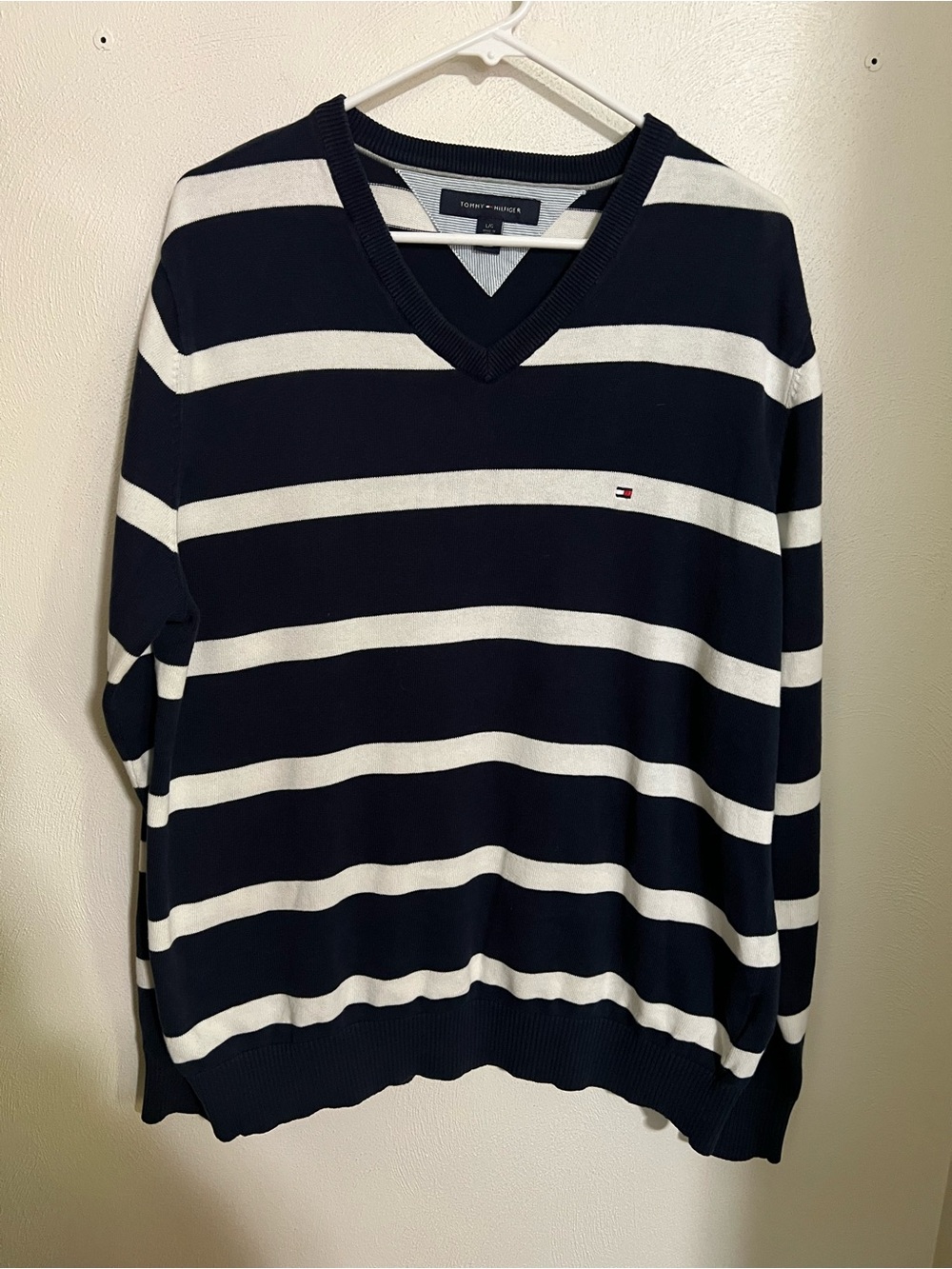 TOMMY HILFIGER Classic Knit Striped Preppy Sweater Navy Blue White Men's Size L
